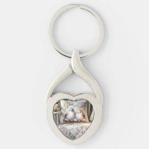 Cottagecore Lovebird Floral Quilt Scene Keychain