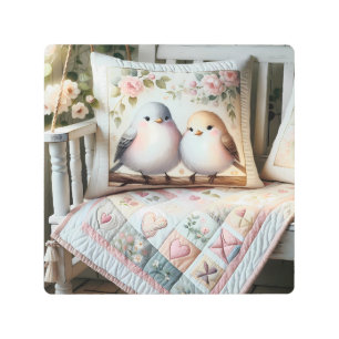 Cottagecore Lovebird Floral Quilt Scene Metal Print