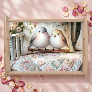 Cottagecore Lovebird Floral Quilt Scene Serving Tray