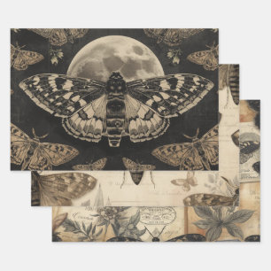 Cottagecore Moon Moth Gothic Garden Wrapping Paper Sheets