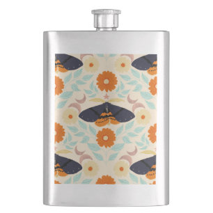 Cottagecore Moth Pattern Art Retro Floral Design Flask