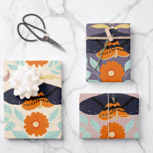 Cottagecore Moth Pattern Art Retro Floral Design Wrapping Paper Sheets