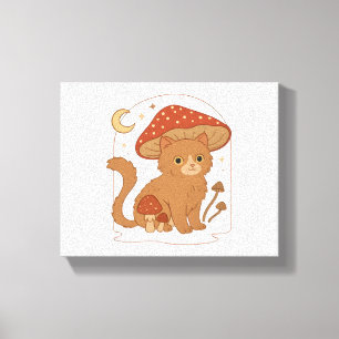 Cottagecore Mushroom Cat with Hat – Cute Vintage G Canvas Print