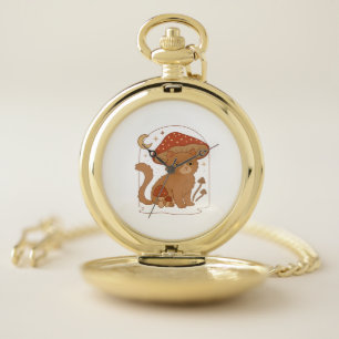 Cottagecore Mushroom Cat with Hat – Cute Vintage G Pocket Watch