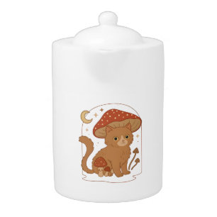 Cottagecore Mushroom Cat with Hat � Cute Vintage G Teapot