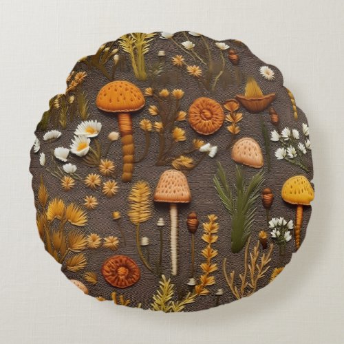 Cottagecore Mushroom Embroidery Round Pillow