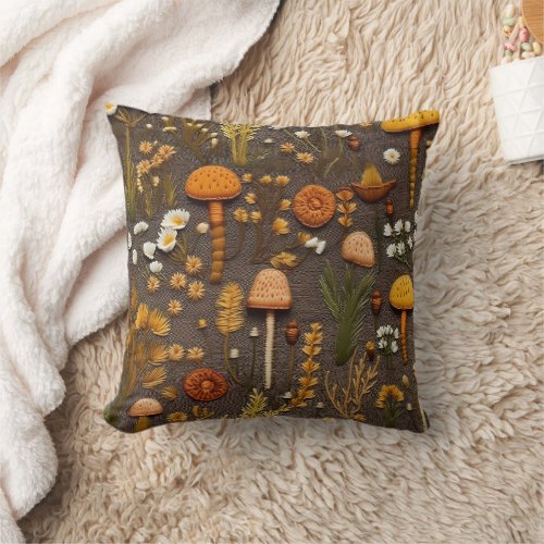Cottagecore Mushroom Embroidery Throw Pillow