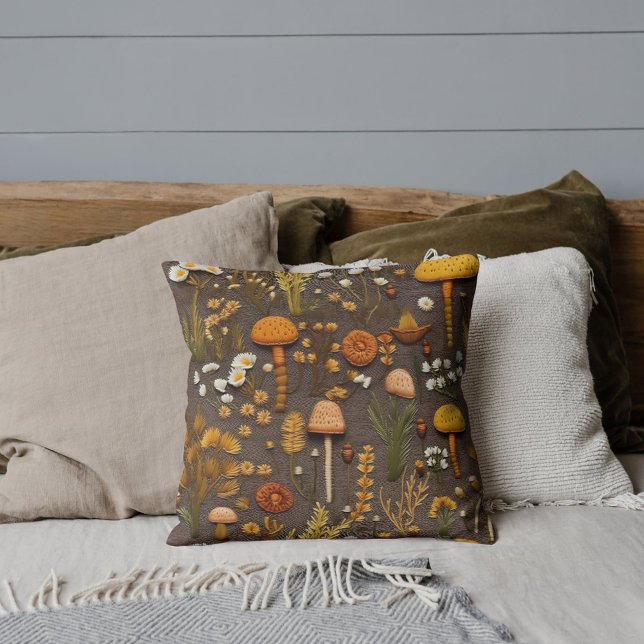Cottagecore Mushroom Embroidery Throw Pillow (Creator Uploaded)