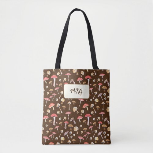 Cottagecore Mushroom Pattern Monogram Boho  Tote B