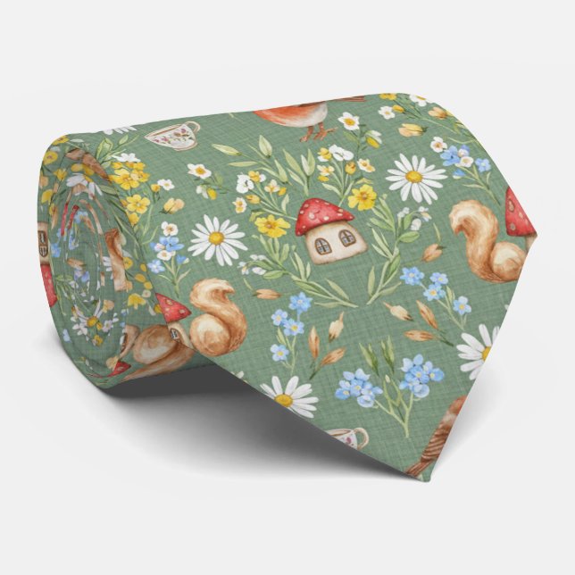 Cottagecore Mushroom & Wildflower  Neck Tie (Rolled)