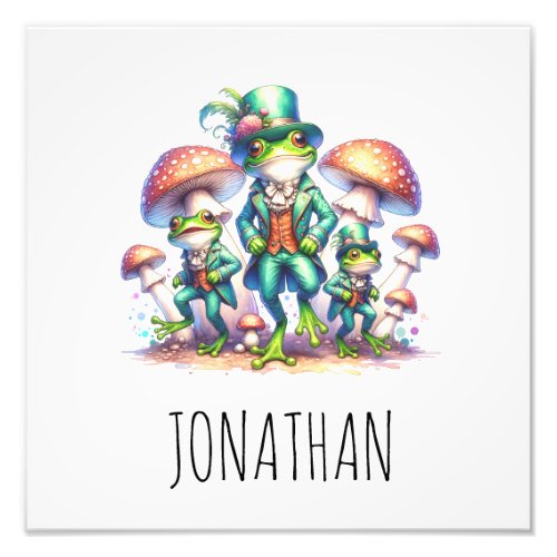 Cottagecore Mushrooms Fancy Green Frogs Baby Name Photo Print