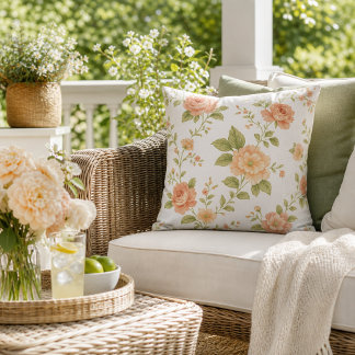 Cottagecore Peach Color Rose Floral Outdoor Pillow