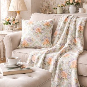 Cottagecore Peach Lavender Sage Floral Pattern Fleece Blanket