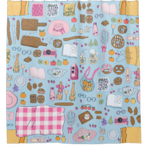 cottagecore picnic strawberry teapot whimsical shower curtain