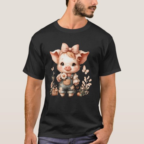 Cottagecore Pig Bow Floral Whimsy T-Shirt