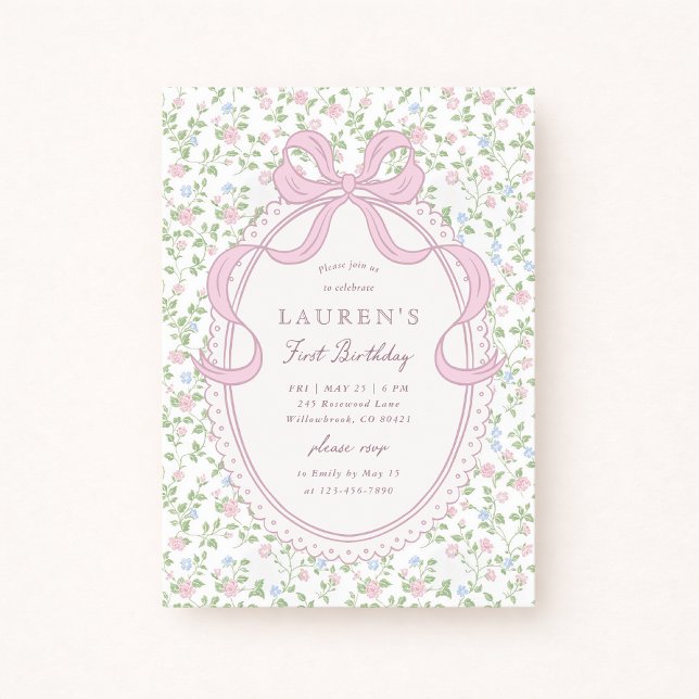 Cottagecore Pink Bow Floral First Birthday Invitat Invitation (Creator Uploaded)