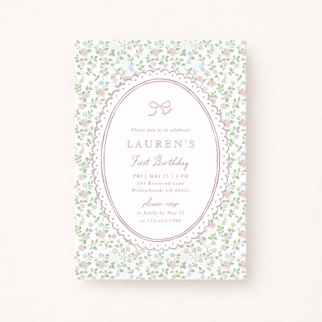 Cottagecore Pink Bow Floral First Birthday Invitation (Creator Uploaded)