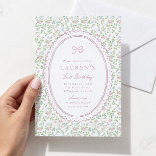 Cottagecore Pink Bow Floral First Birthday Invitation