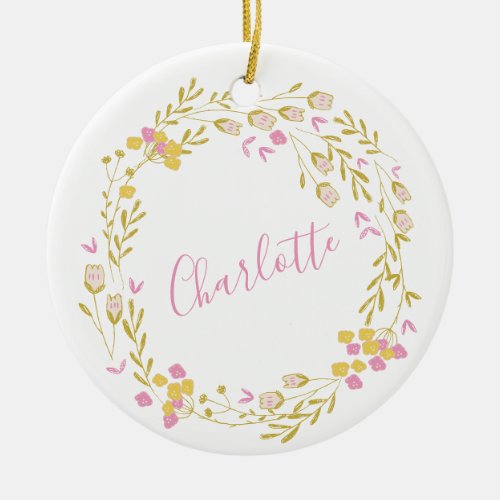 Cottagecore Pink Green Dainty Floral Wreath Name  Ceramic Ornament