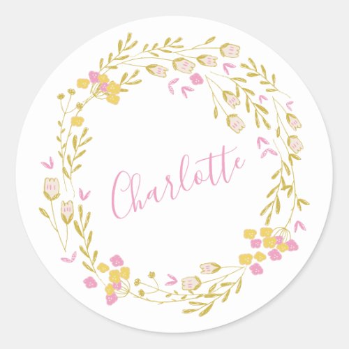 Cottagecore Pink Green Dainty Floral Wreath Name Classic Round Sticker