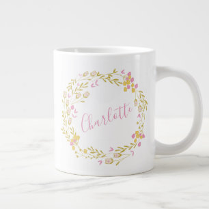 Cottagecore Pink Green Dainty Floral Wreath Name Giant Coffee Mug