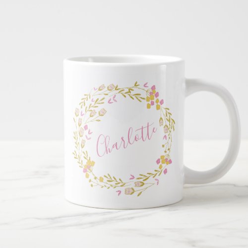 Cottagecore Pink Green Dainty Floral Wreath Name  Giant Coffee Mug