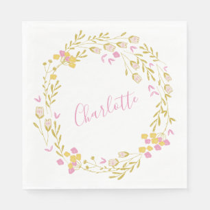 Cottagecore Pink Green Dainty Floral Wreath Name Napkins