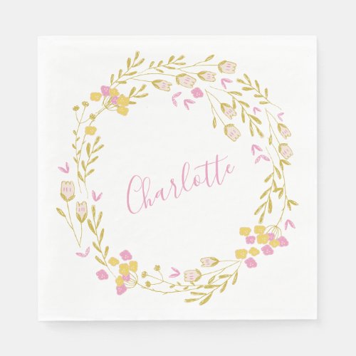 Cottagecore Pink Green Dainty Floral Wreath Name  Napkins