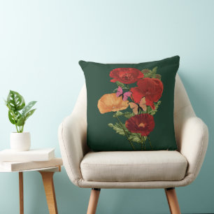 Cottagecore Poppies And Butterflies Throw Pillow