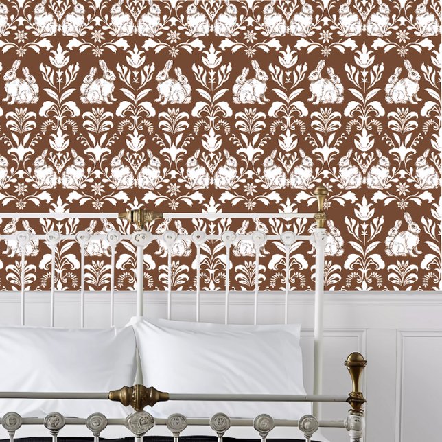 Cottagecore Rabbit Wallpaper (Cottagecore Rabbit Wallpaper behind a white metal bed frame. )