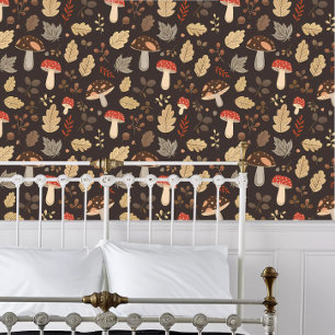 Cottagecore Red and Brown Mushrooms Dark Wallpaper