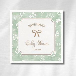 Cottagecore Sage White Floral Gold Bow Baby Shower Napkins