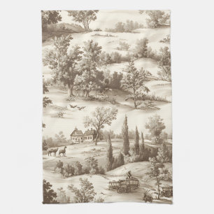 Cottagecore Sepia Harvest Pumpkin Toile Pattern Kitchen Towel