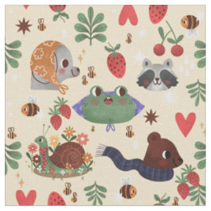 cottagecore snail garden bee frog raccoon bear fabric