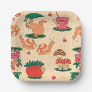 cottagecore snail magic strawberry squirrel beige paper plates