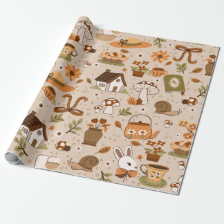 cottagecore snail mushrooms tea rustic beige wrapping paper