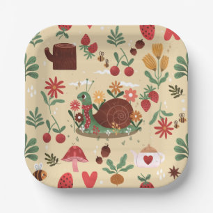 cottagecore snail nature floral garden teapot bees paper plates