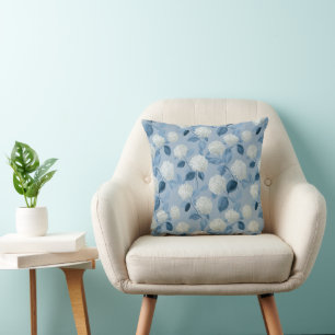 Cottagecore Soft Blue Hydrangea Floral Pattern Throw Pillow