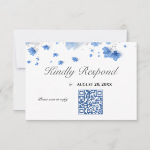 Cottagecore Soft Blue Wildflowers Wedding QR Code RSVP Card