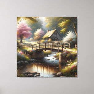 Cottagecore Spring Bridge Cottage Scene Canvas Print