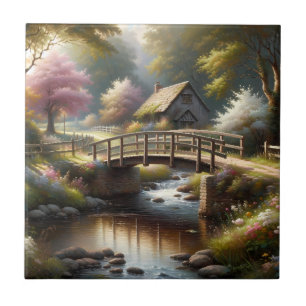 Cottagecore Spring Bridge Cottage Scene Ceramic Tile