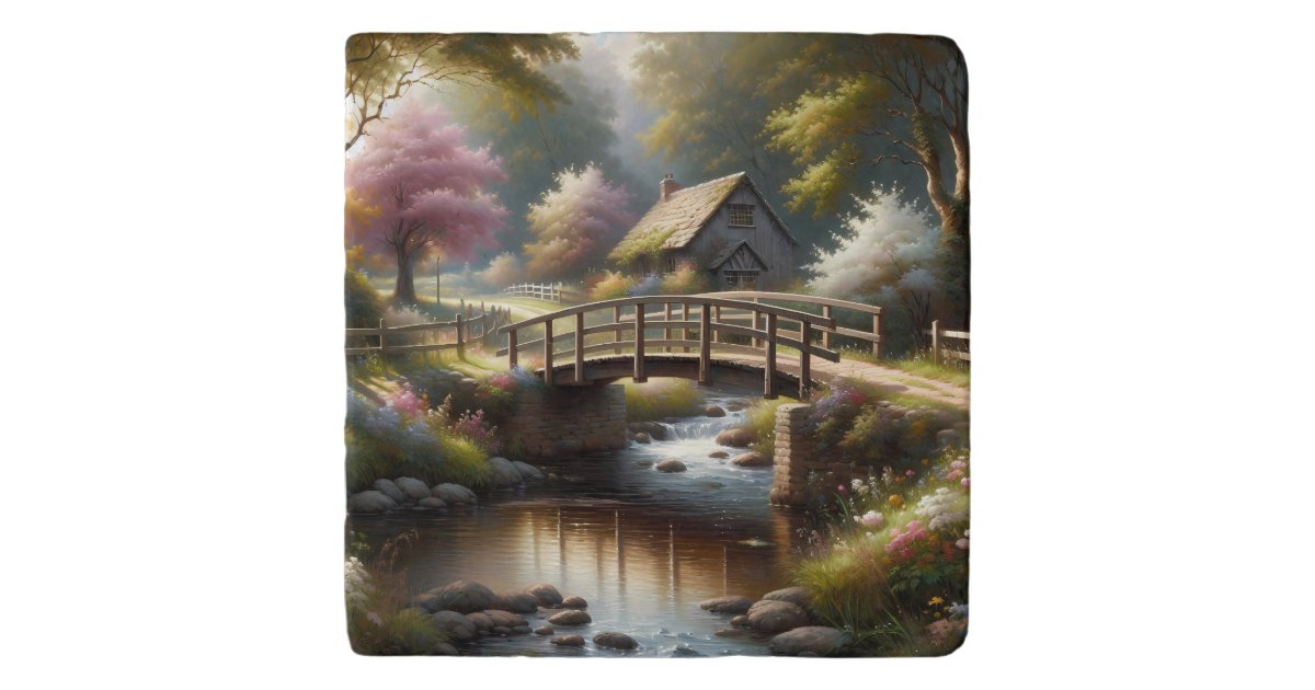 Cottagecore Spring Bridge Cottage Scene Trivet | Zazzle