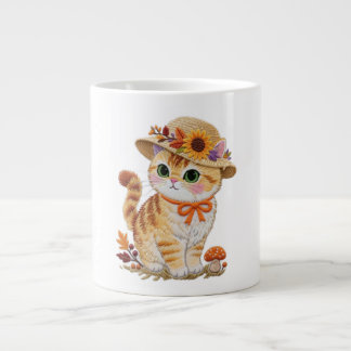 Cottagecore Tabby Cat with Autumn Leaves Tri-Blend Giant Coffee Mug