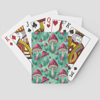 Cottagecore Teal Enchanted Forest Mushroom Pattern Poker Cards