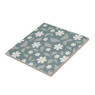Cottagecore Teal, Sage, & White Daisy Floral Ceramic Tile