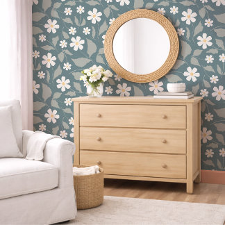 Cottagecore Teal, Sage, & White Daisy Floral Wallpaper