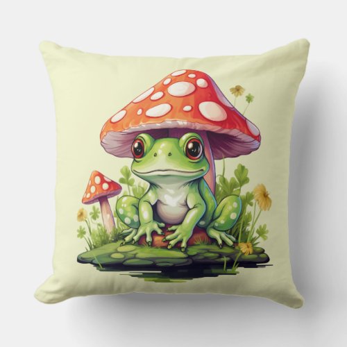 Cottagecore Toadstool Mushroom and Frog Throw Pillow