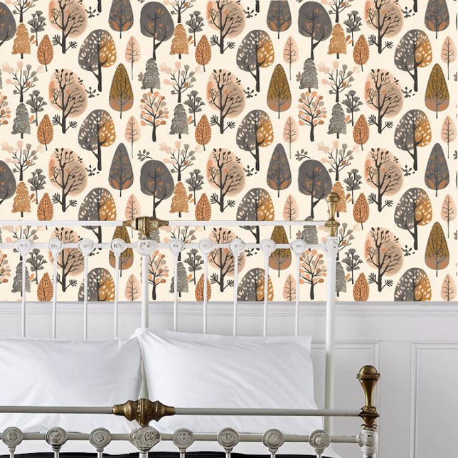 Cottagecore Trees Wallpaper (Cottagecore Trees Wallpaper behind a white metal framed bed.)