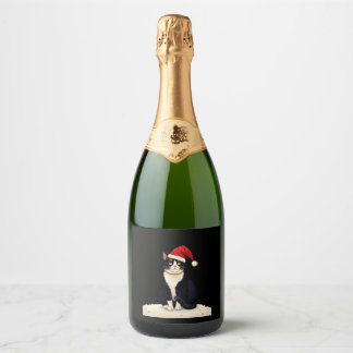 Cottagecore Tuxedo Cat Funny Xmas Aesthetic Santa Sparkling Wine Label