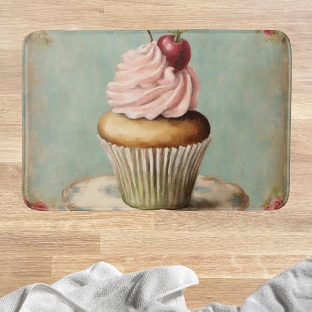 Cottagecore Vintage French Country Pink Cupcake  Bath Mat (Cottagecore Vintage French Country Pink Cupcake Bath Mat)